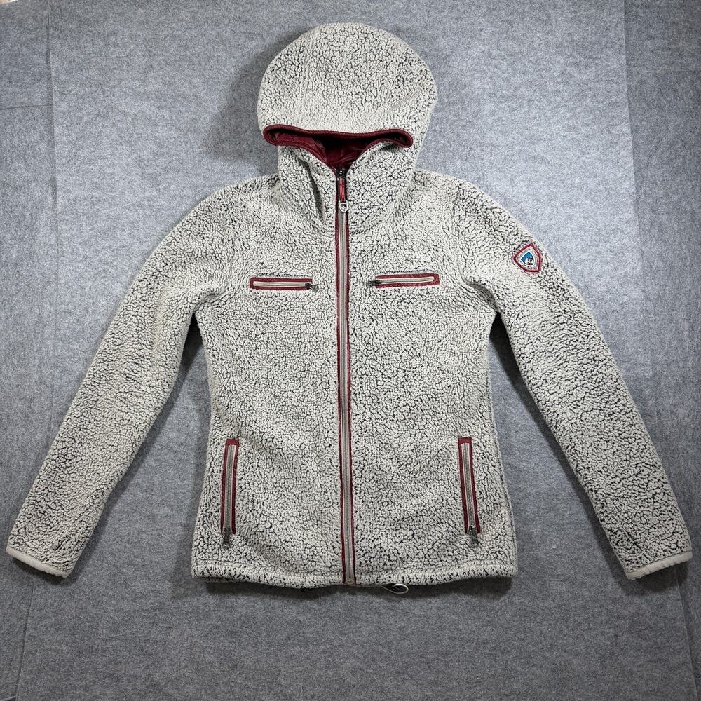 Kuhl Sherpa Fleece Jacket Womens S Cream Hooded Full Zip Thumbholes Zip Pockets